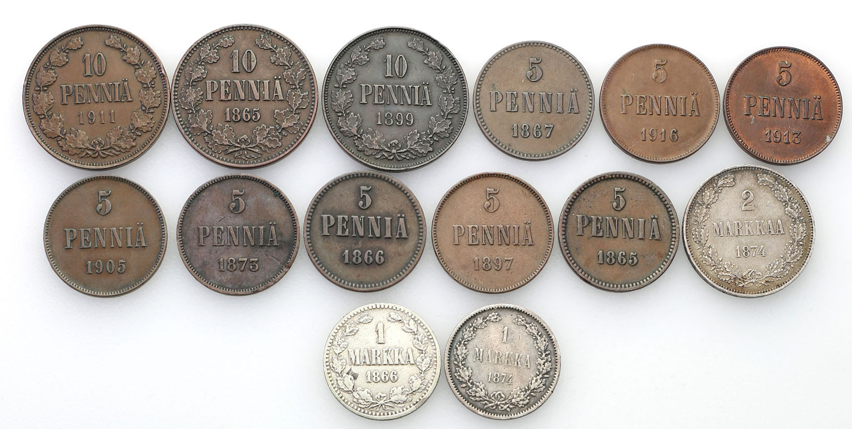 Rosja/Finlandia. 5-10 Pennia 1865-1916 , 1-2 Markka 1866-1874 – zestaw 14 szt.